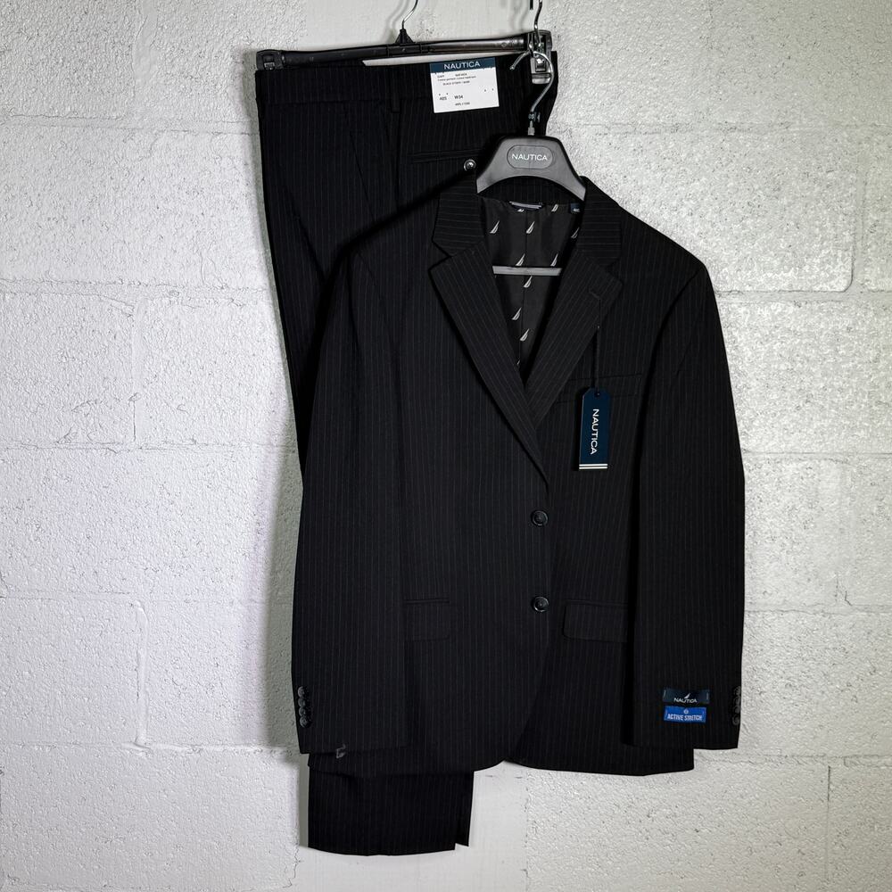 Nautica Men's Modern-Fit Stretch Fall Suit black pinstripe 40S 34W $395